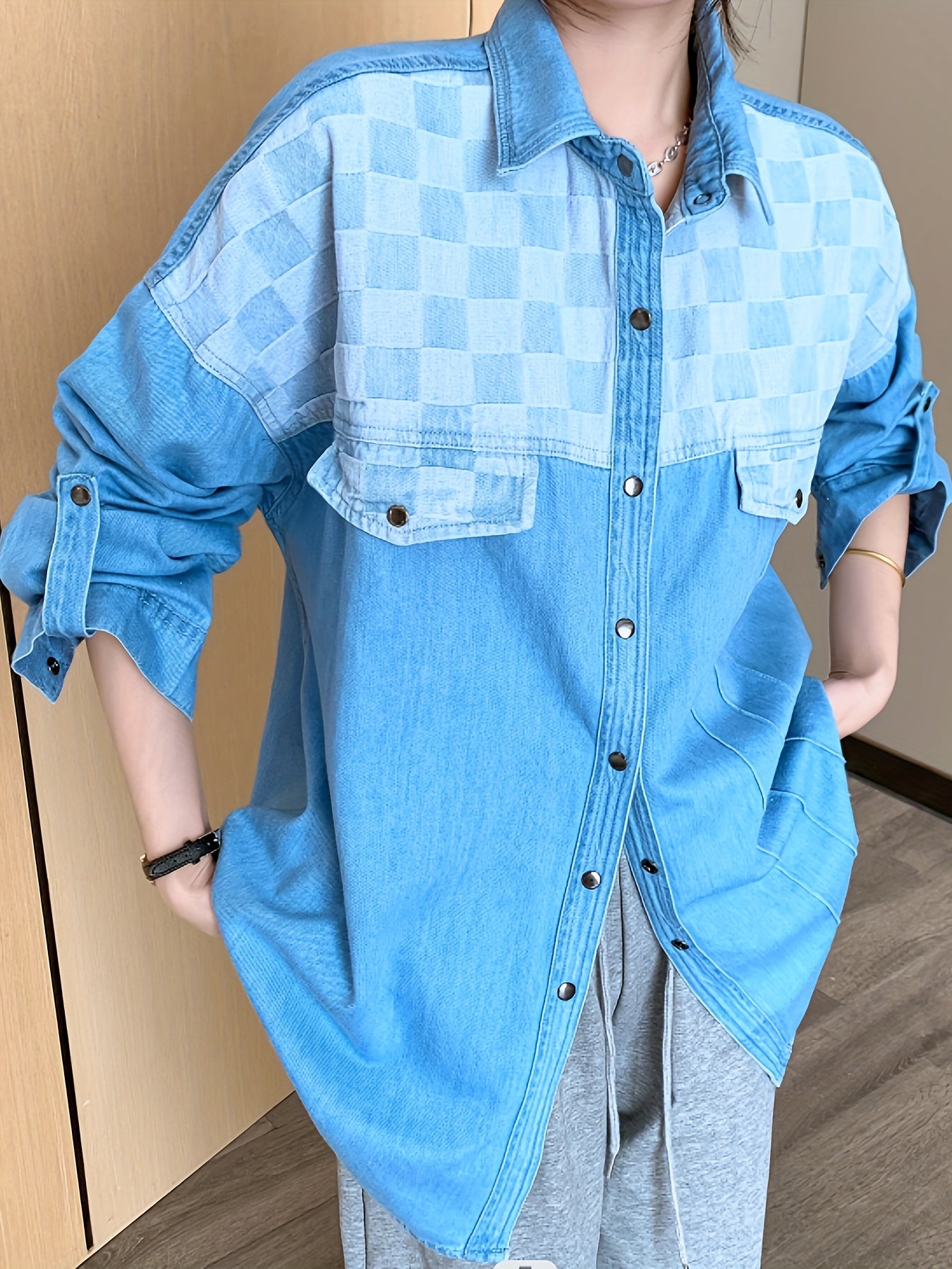  Colorblock Checker Print Denim Shacket