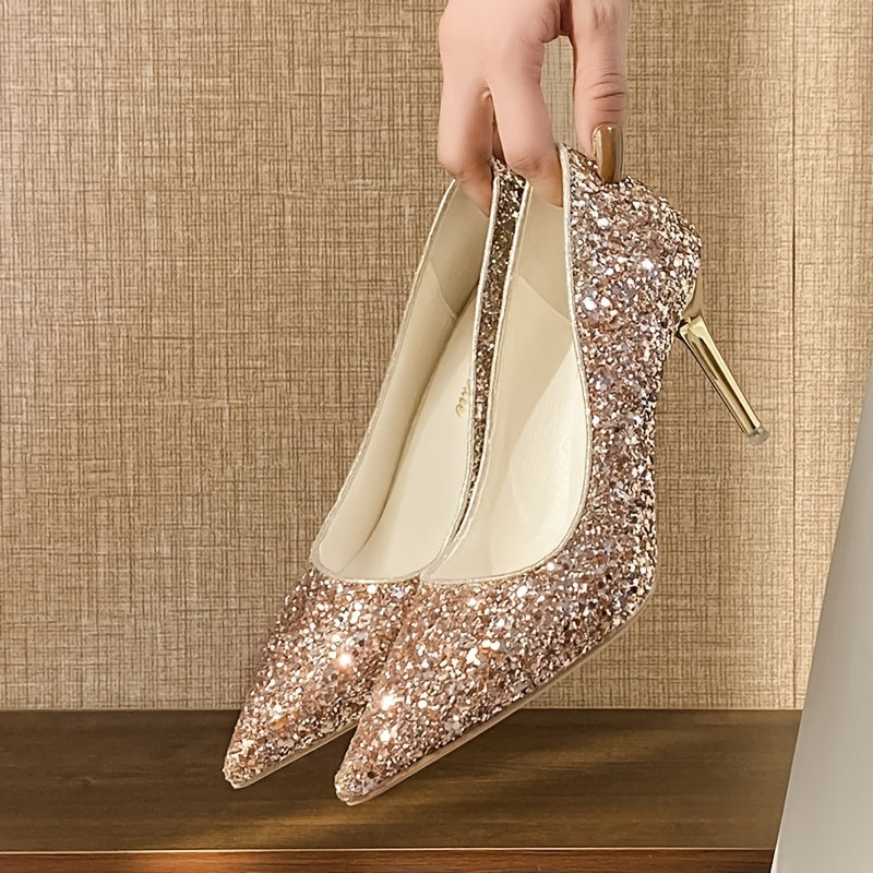 Women's Sequins Pointed Toe High Heels Glitter Slip On Wedding High Heels
