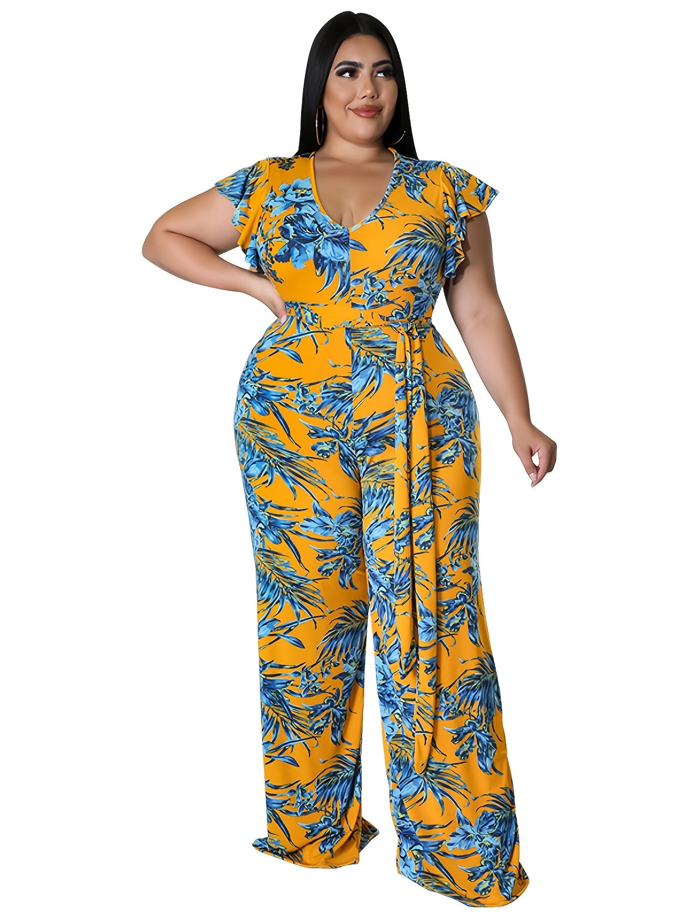 Floral Print Cap Sleeve Jumpsuit Women's Plus Size