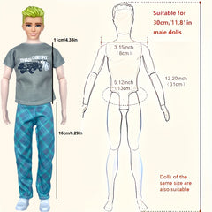 6pcs Set Male Doll Clothes Tops Pants Easy to Put on Durable 11.8 Inch Dolls
