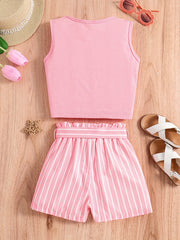Girls Sleeveless Crop Tank Top & Stripes Shorts Set Kids Summer Clothes
