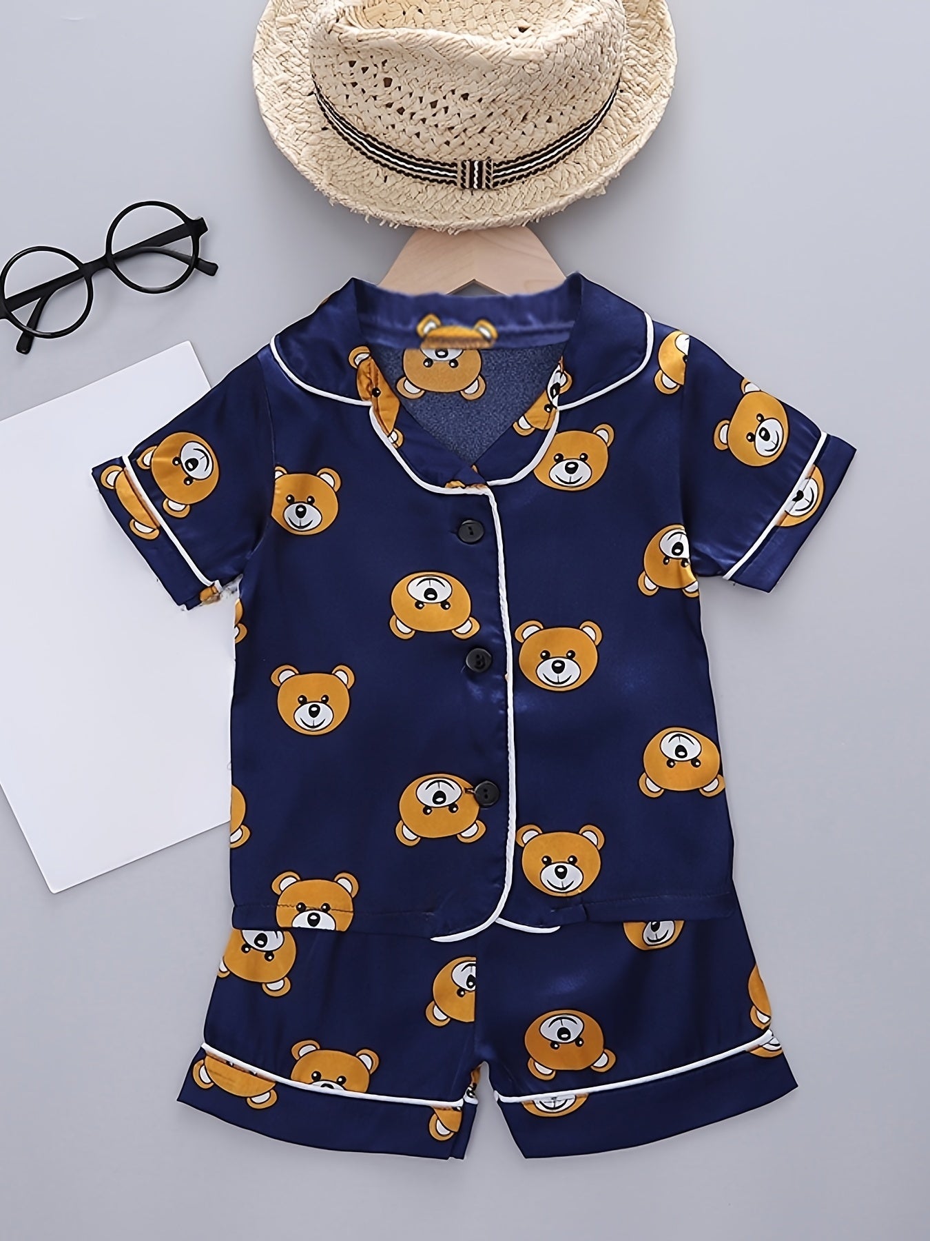 Girls Bear Pattern Pajama Set Short Sleeve Top & Shorts Kids Summer Clothes