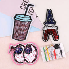 Sequin Embroidered Patches Set with Sewing Kit - DIY Cloth Stick