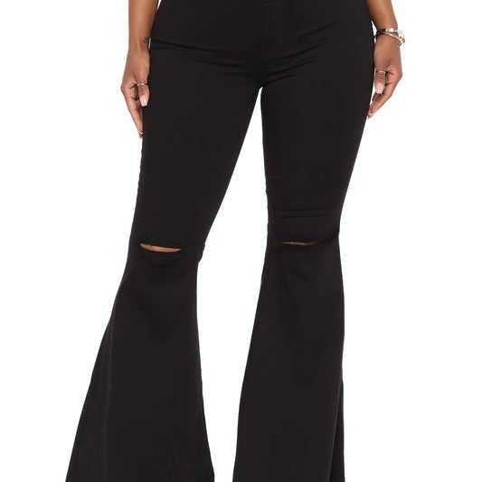 Women's Plus Solid Ripped High Rise Flared Leg Jeans