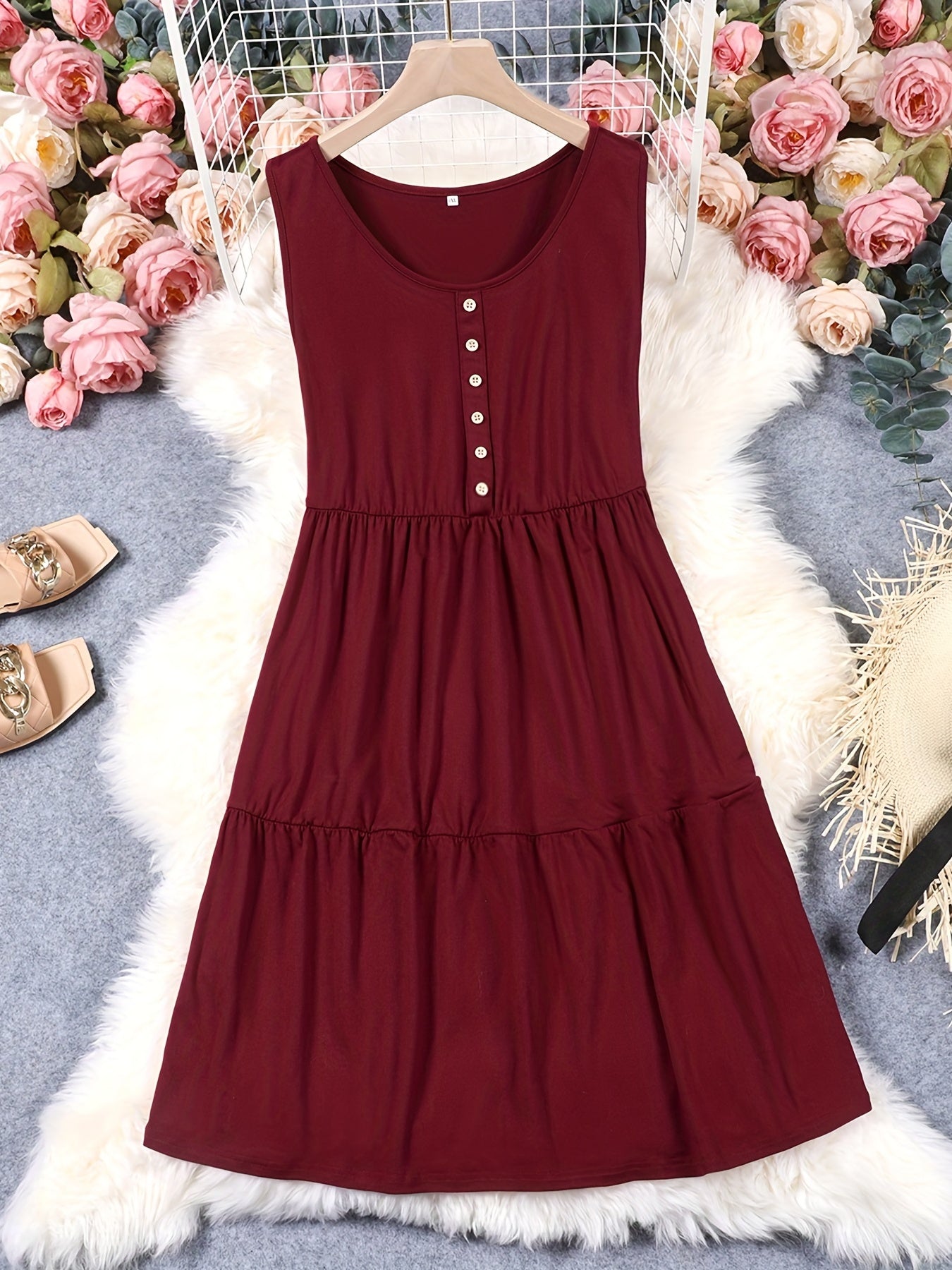  Casual Tank Dress Women's Plus Button Decor Sleeveless Smock Dress
