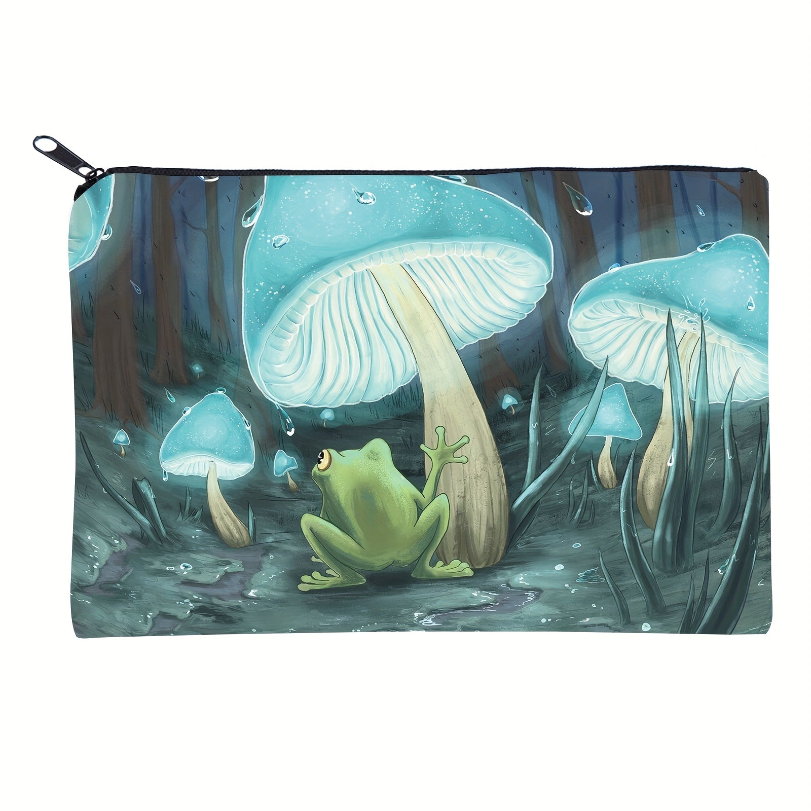 Frog Mushroom Rain Print Cosmetic Bag Zipper Travel Toiletry Bag