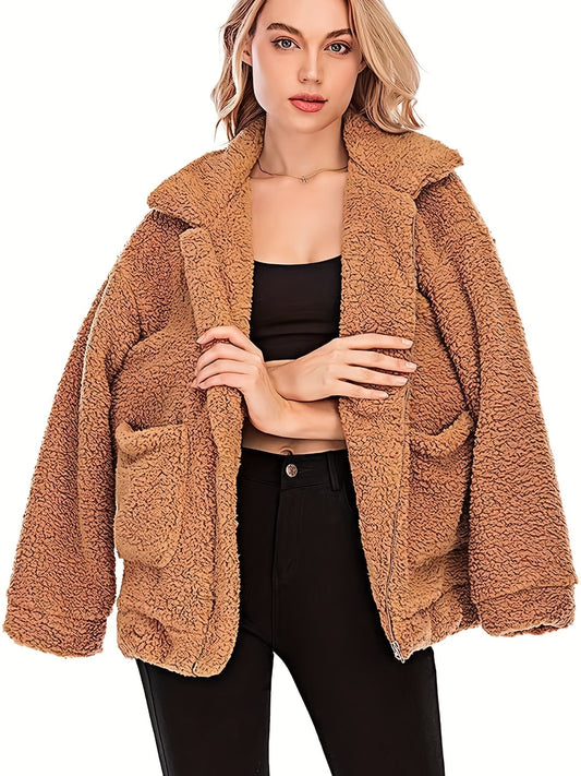 Solid Zip Up Teddy Coat Casual Long Sleeve Pocket Front Warm Outerwear