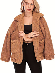 Solid Zip Up Teddy Coat Casual Long Sleeve Pocket Front Warm Outerwear