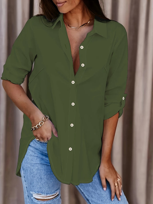 Women's Plus Solid Button Up Roll Up Sleeve Casual Blouse