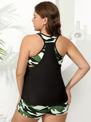  Colorblock Camo Tankini Set Scoop Neck Cut Out Swimsuit