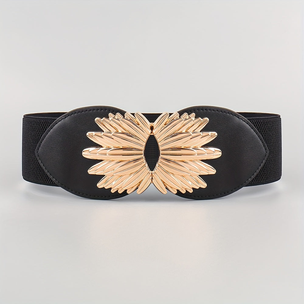 Vintage Golden Leaf Buckle Belt Elastic Wide Waistband for Women