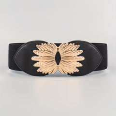 Vintage Golden Leaf Buckle Belt Elastic Wide Waistband for Women