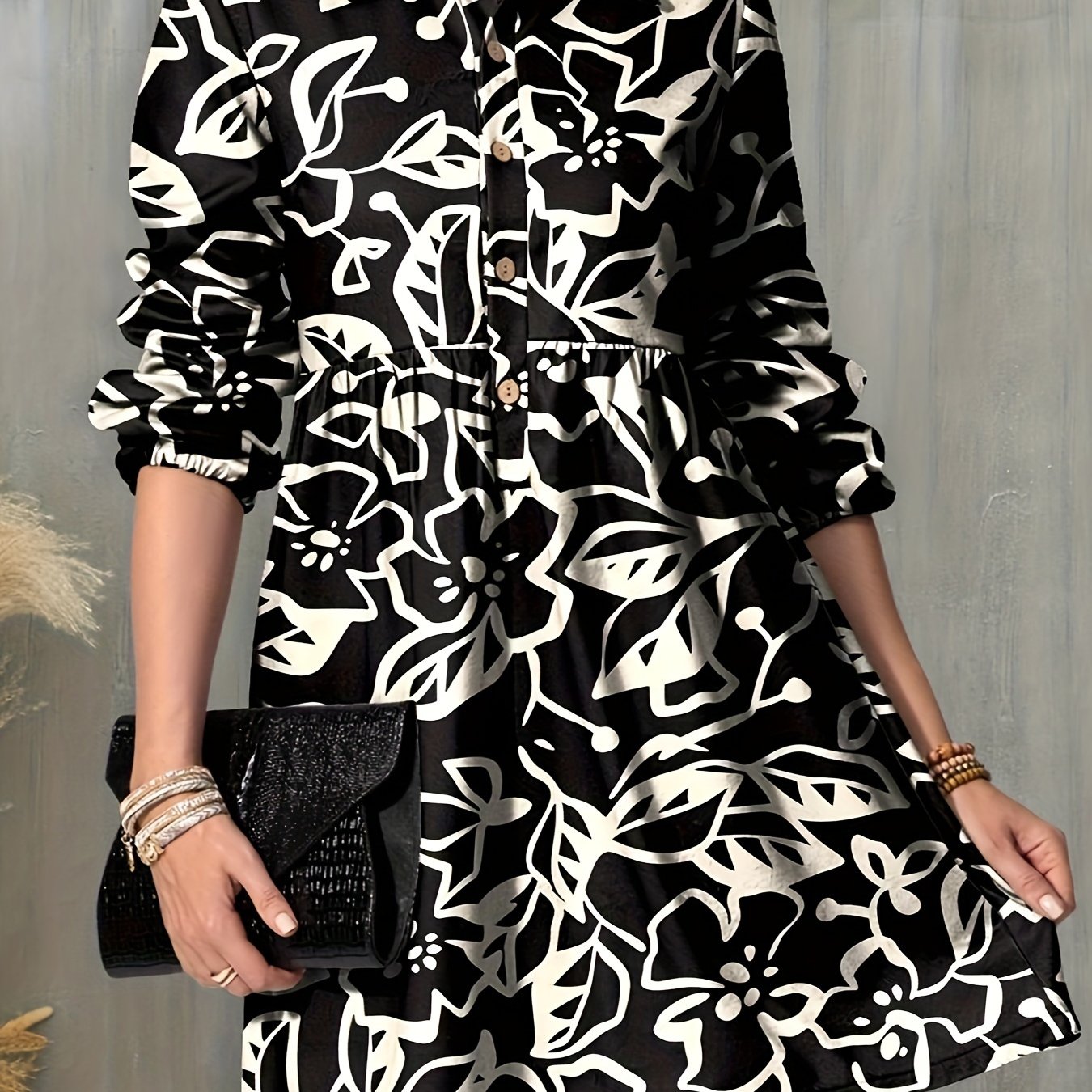  Floral Print Button Up Lantern Sleeve Mini Shirt Dress