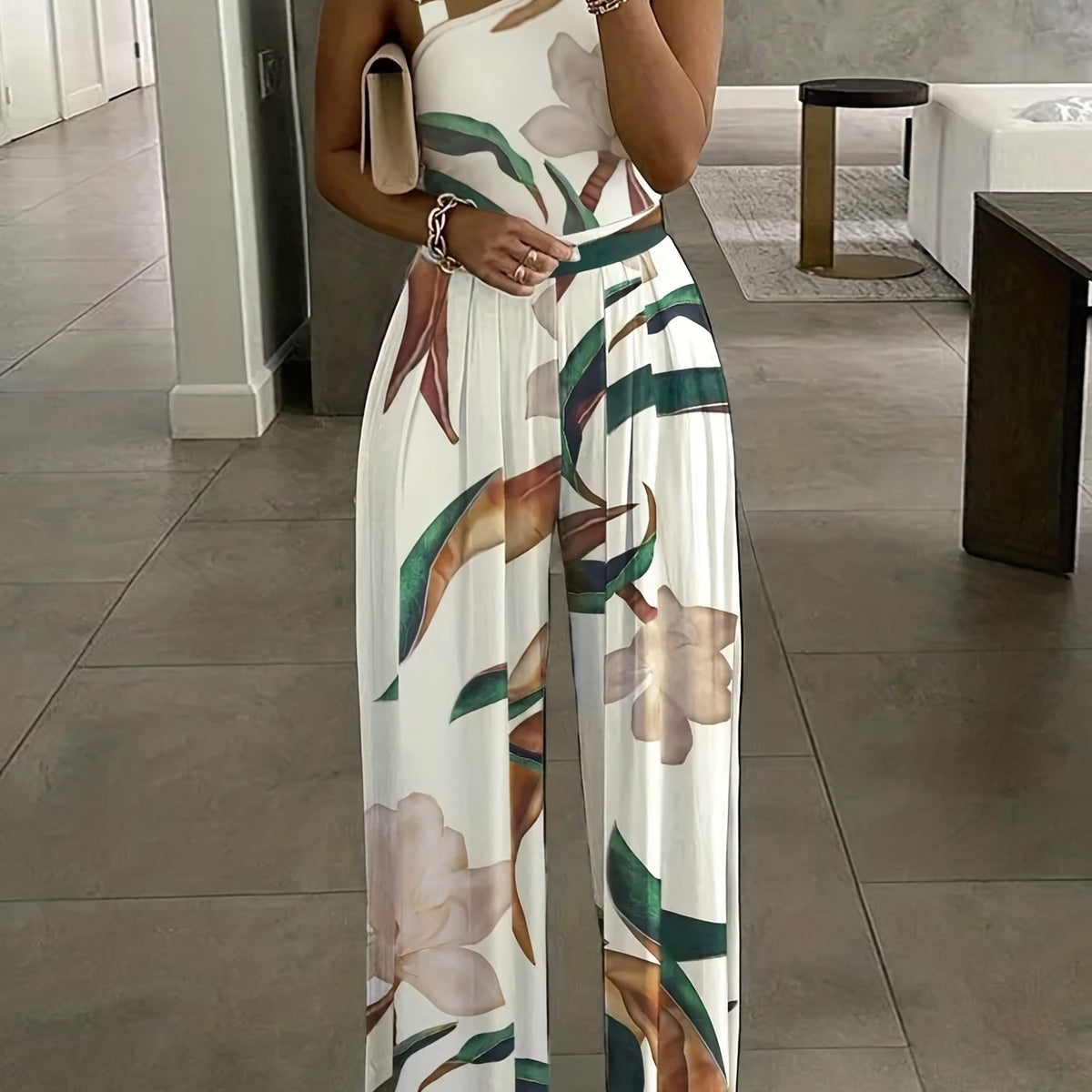 Floral Print Wide Leg Jumpsuit with Chain Straps