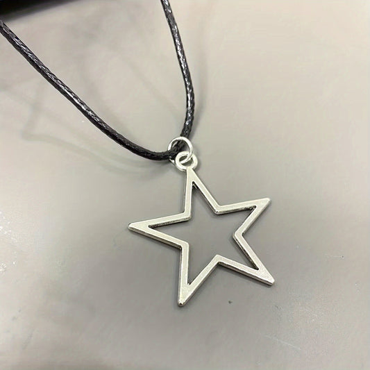 Silver Big Star Pendant Necklace 36x33mm Hollow Pentagram Geometric Chain