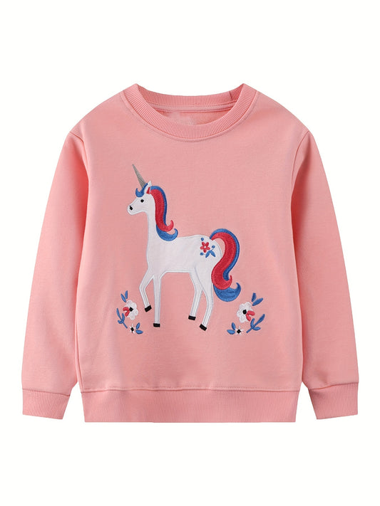 Girls Unicorn Print Crew Neck Sweatshirt for Sports Casual Outfit