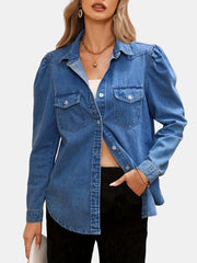 Long Sleeves Denim Top Flap Pockets Single Breasted Button Lapel