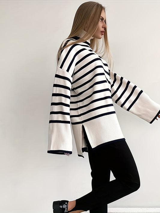  Stripe Print Long Sleeve High Neck Sweater