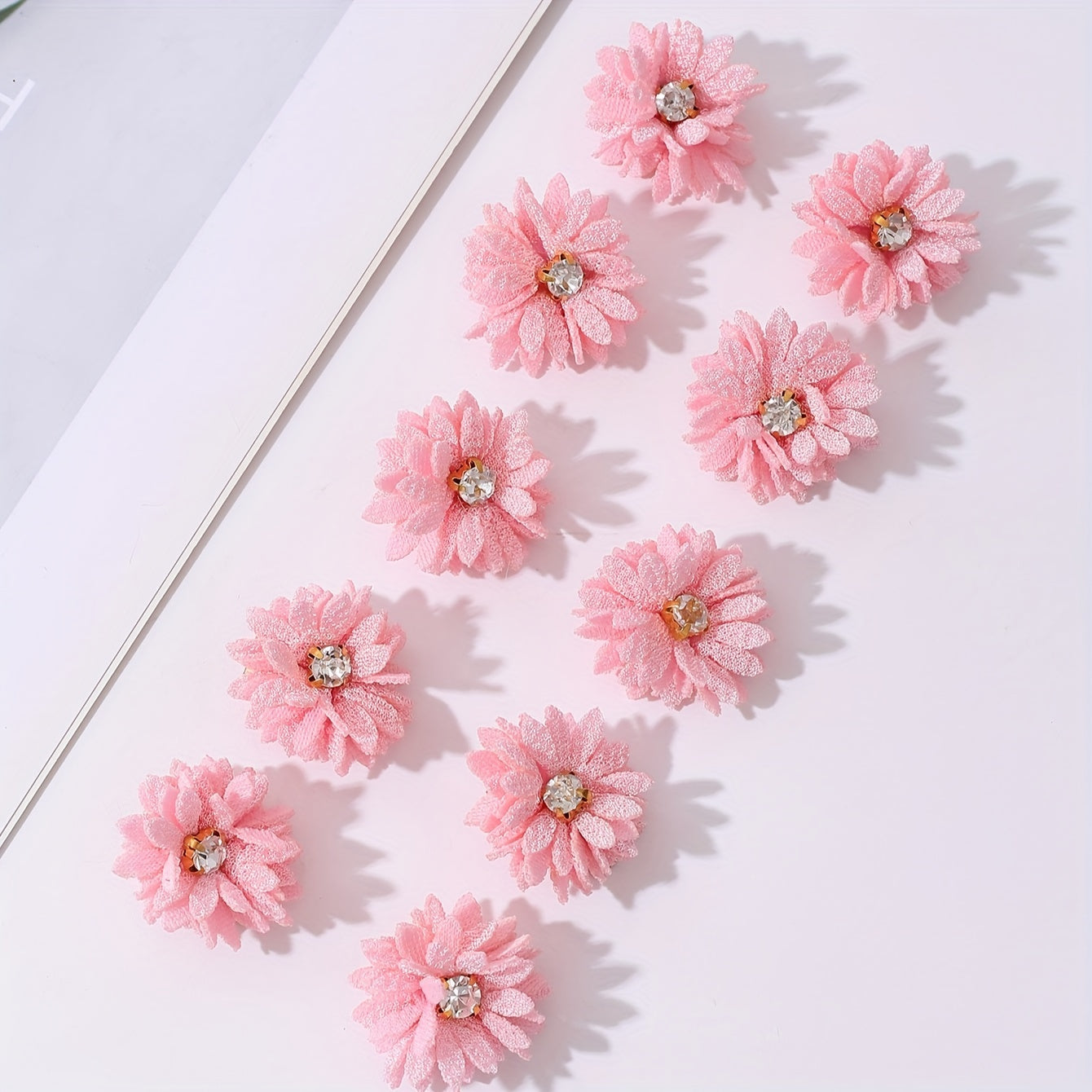 10pcs Pink Fabric Flower Hair Clips with Rhinestones for Parties