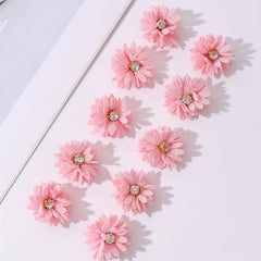 10pcs Pink Fabric Flower Hair Clips with Rhinestones for Parties