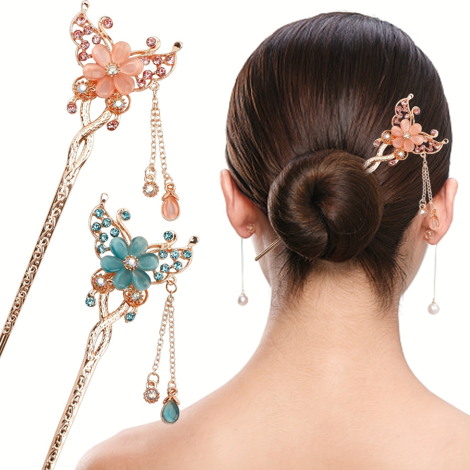 Chinese Style Flower Hair Stick Faux Pearl Tassel Hair Fork Hair Pin