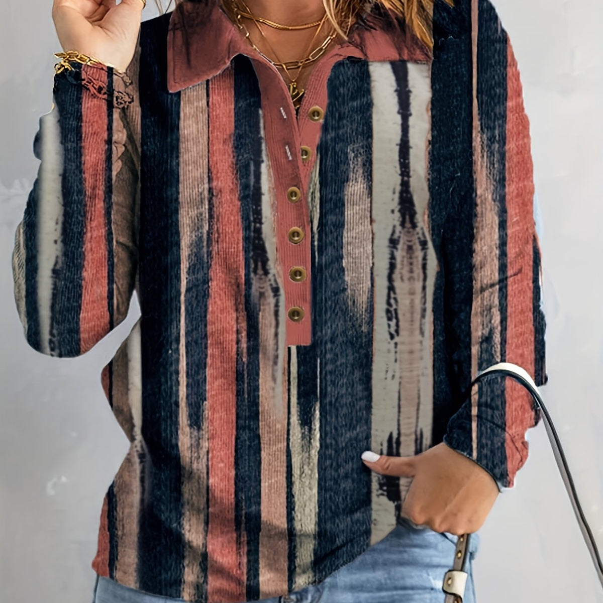  Stripe Print Long Sleeve Workwear Top