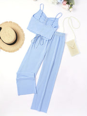 Texture Drawstring Pajama Set Lace Up Sleeveless Cami & Loose Pants