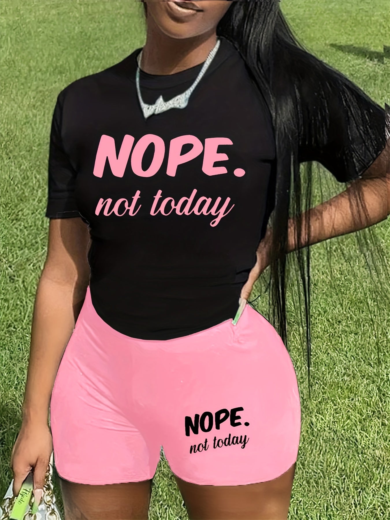 Not Today Letter Print Two piece Set Crew Neck Short Sleeve T shirt & Slim Short