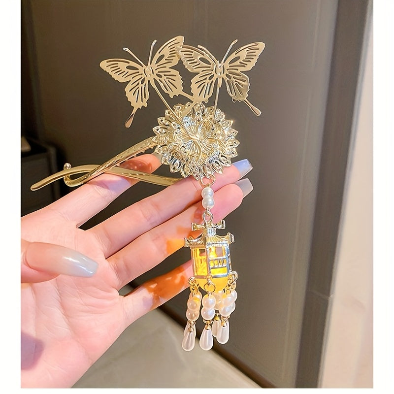 Chinese Style Hairpin With Luminous Lantern Faux Pearl Tassel