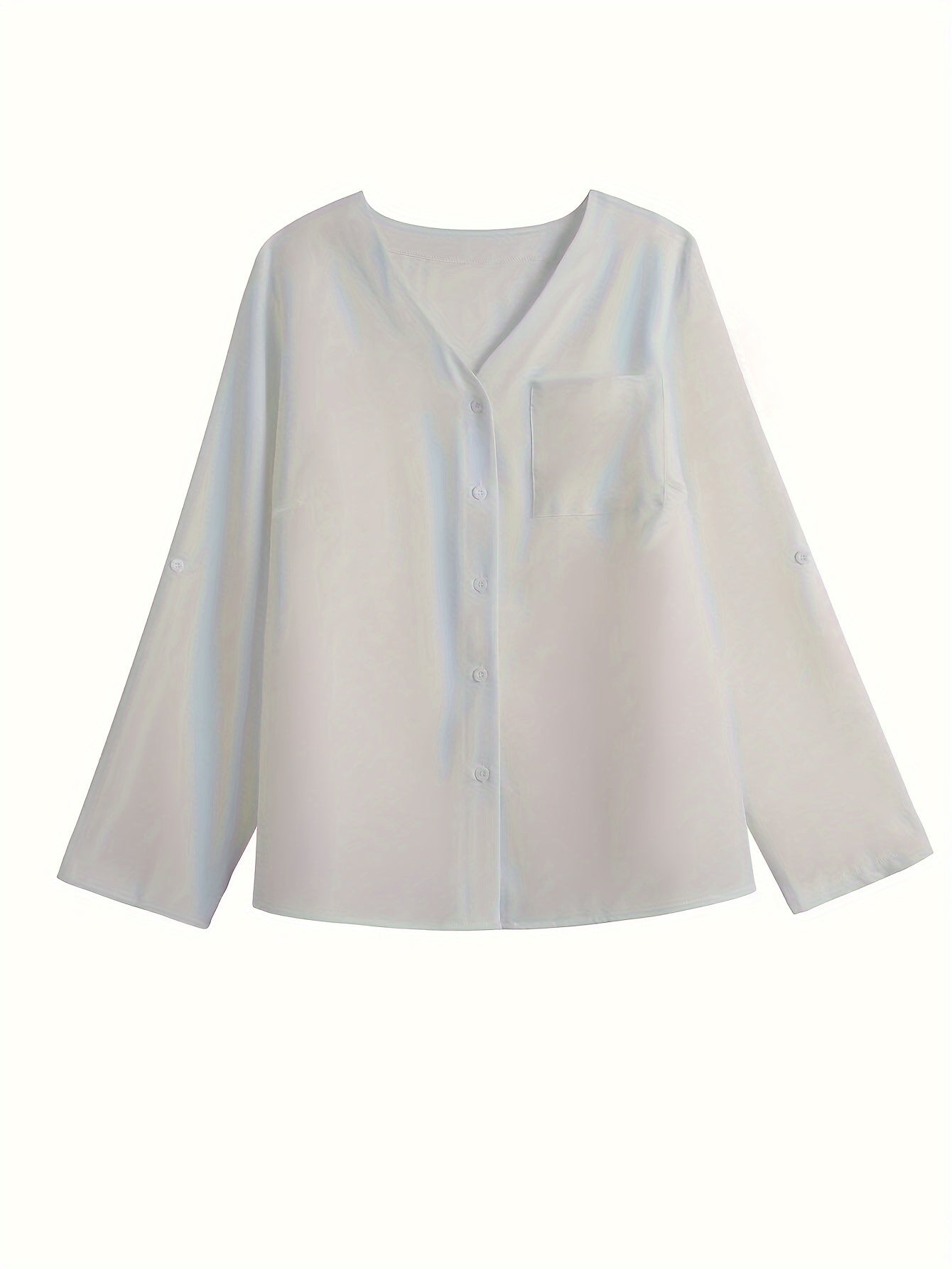  Solid Button Up Long Sleeve V Neck Blouse