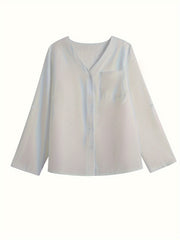  Solid Button Up Long Sleeve V Neck Blouse