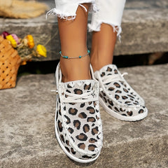 Leopard Printed Canvas Shoes Round Toe Vulcanized Flat Casual Walking Loafers