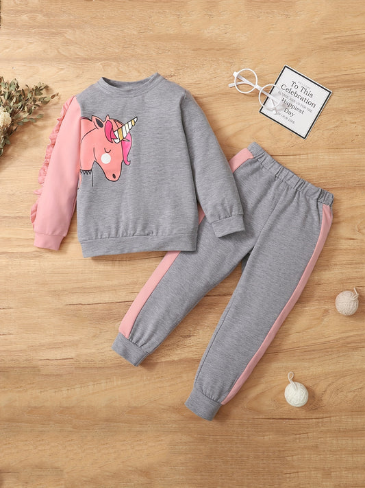 2pcs Girls Unicorn Print Patchwork Sweatshirt Pants Set