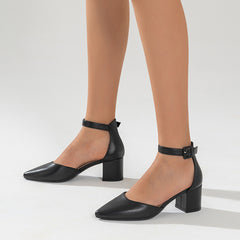 Women's Chunky High Heel Pumps, Ankle Strap Pointed Toe