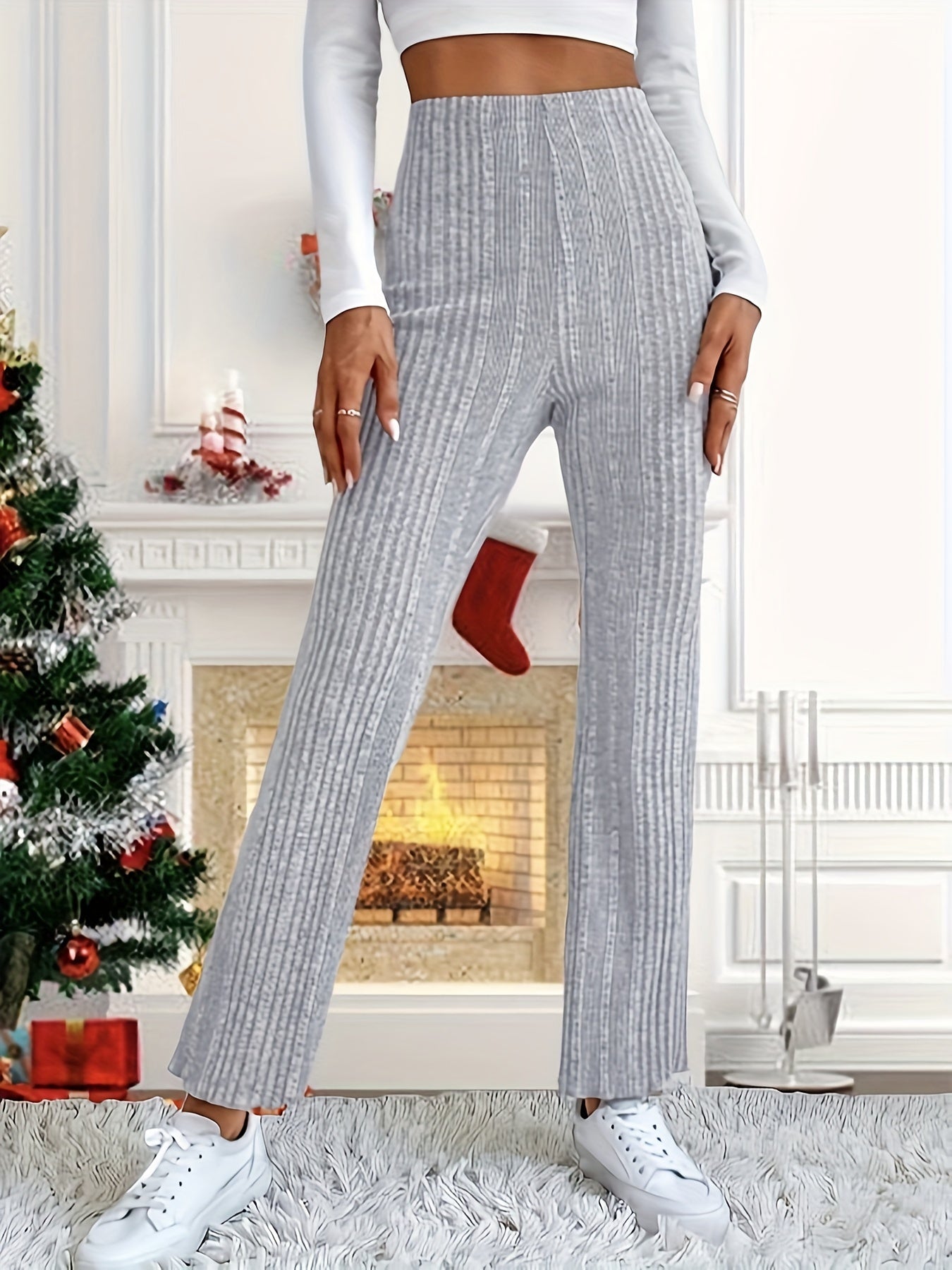  Ribbed Knit High Rise Stretch Pants