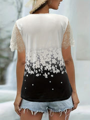  Colorblock Floral Print Lace Sleeve Blouse