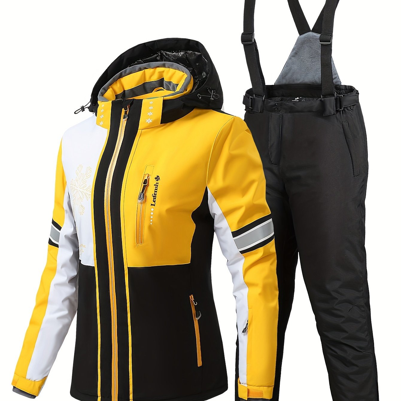 Colorblock Snowflake Ski Set Zip Hooded Jacket & Suspender Trouser