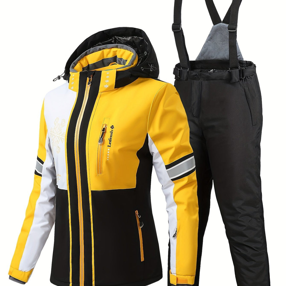 Colorblock Snowflake Ski Set Zip Hooded Jacket & Suspender Trouser