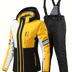 Colorblock Snowflake Ski Set Zip Hooded Jacket & Suspender Trouser