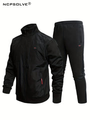Men's Athletic Suit Stretchy Pants & Zip Up Jacket Stand Collar