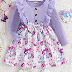 Girls Purple Flowers Print Long Sleeve Casual Dress