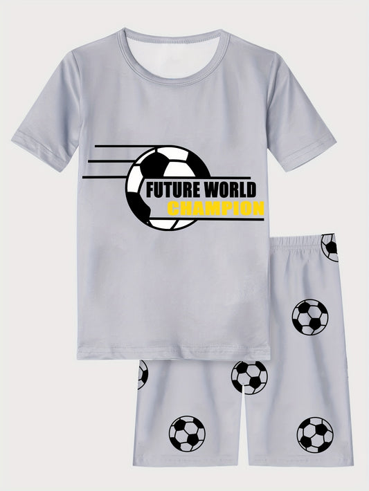 2pcs Boys Football Pajamas Set Short Sleeve T-shirt & Shorts