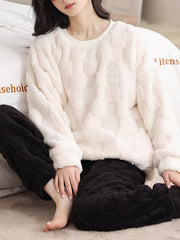 Solid Fuzzy Lounge Set Crew Neck Top & Pants Women's Loungewear