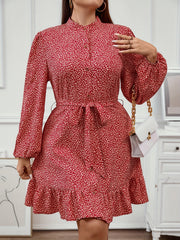  Leopard Print Lantern Sleeve Mock Neck Ruffle Trim Mini Dress