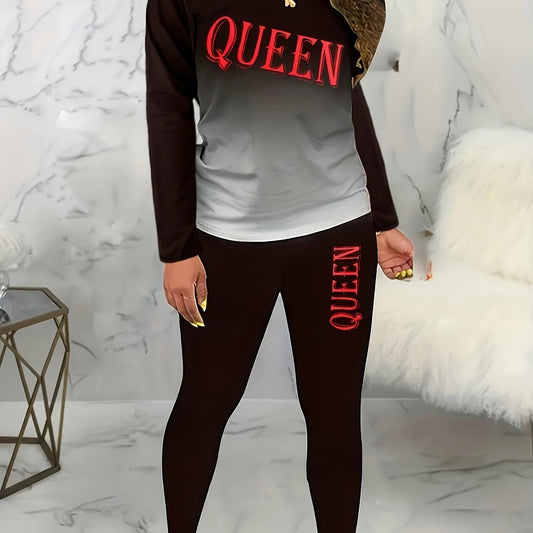 Ombre & Letter Print Long Sleeve Tee & Pants Set