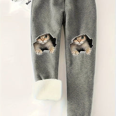 Women's Plus 3D Cat Print Drawstring Elastic Fleece Jogger Pants