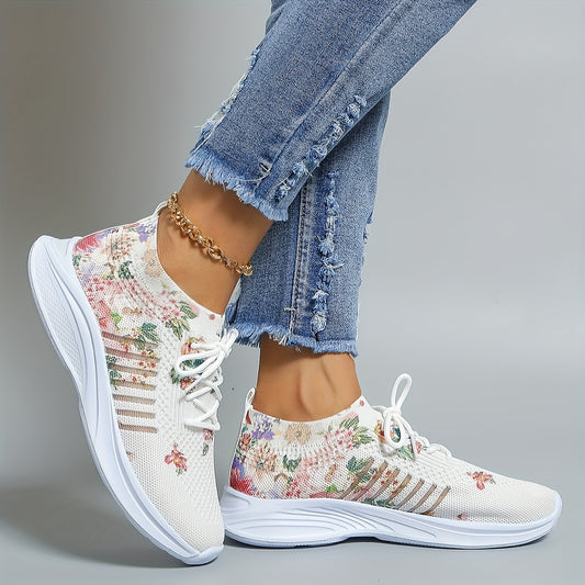 Women's Floral Print Sports Shoes Knit Low Top Running Shoes