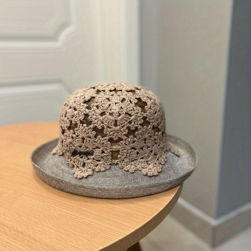 Flower Hollow Knitted Sun Hat Bucket Hat Foldable Cloche Hats for Women Summer