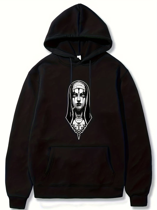Men's Nun Print Hoodie Casual Long Sleeve Top