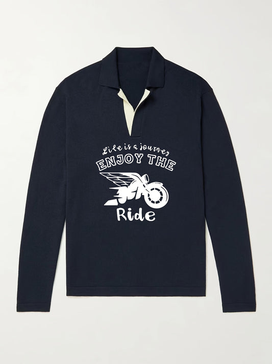 Men's Motorcycle Pattern Knit Polo Shirt V Neck Pullover Sweater
